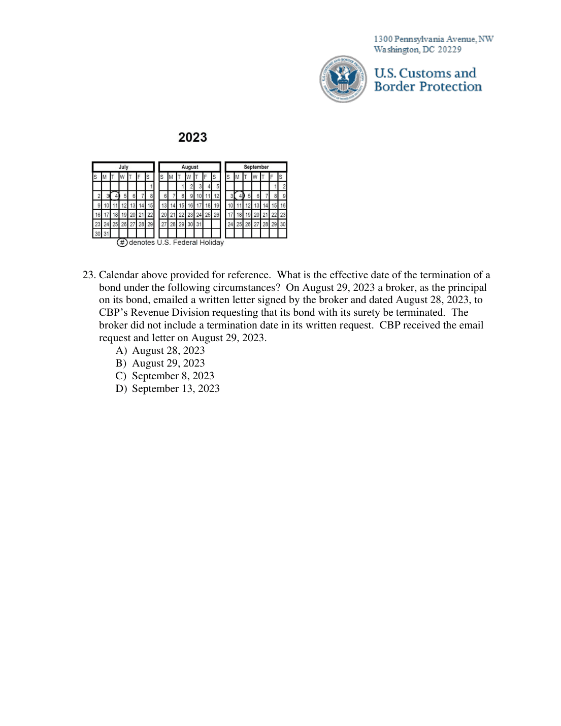 Calendar for July-September 2023 with U.S. federal holidays marked (printed above the question); image in question on PDF p.11; exported pages: PDF p.11