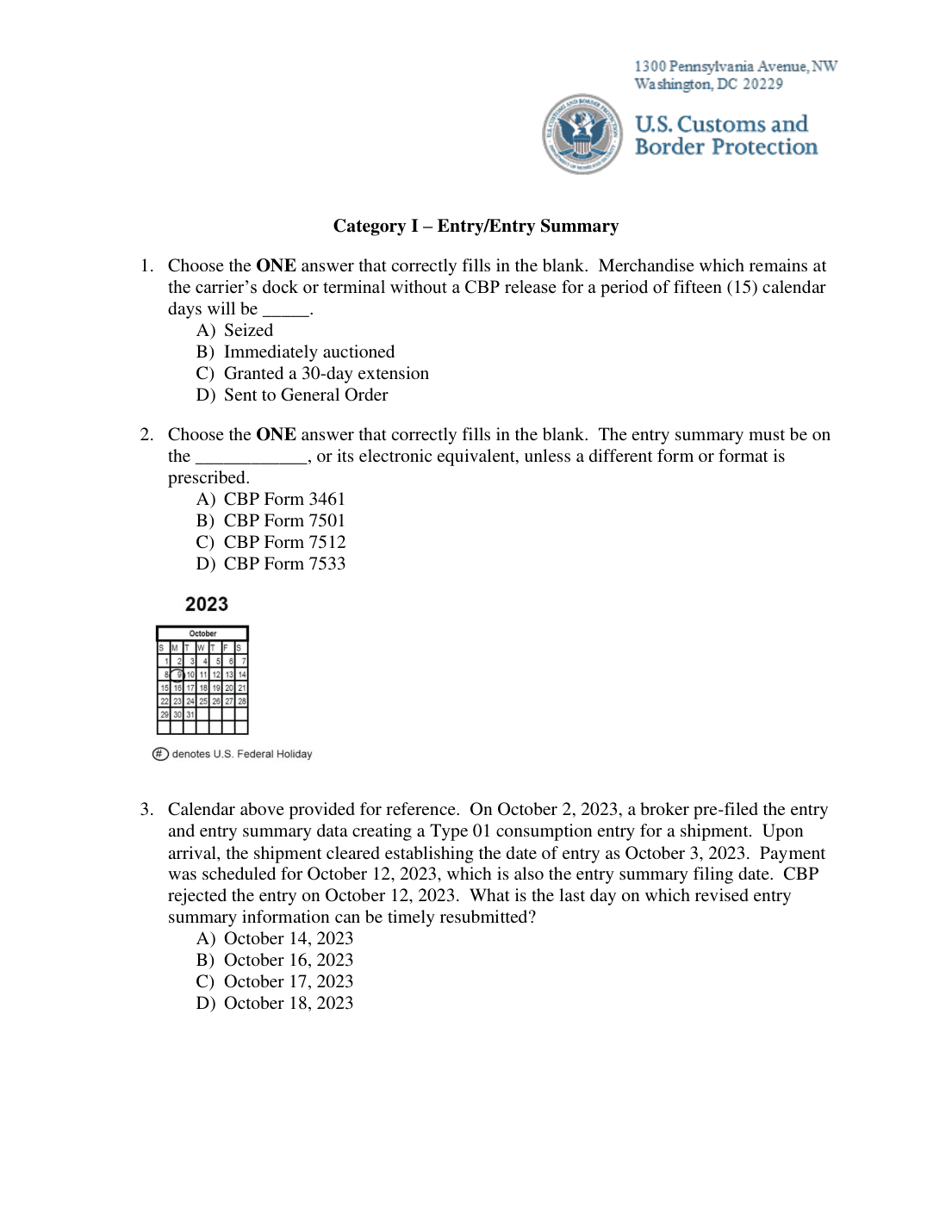 Calendar for October 2023 with U.S. federal holidays marked (printed above the question); image in question on PDF p.3; exported pages: PDF p.3
