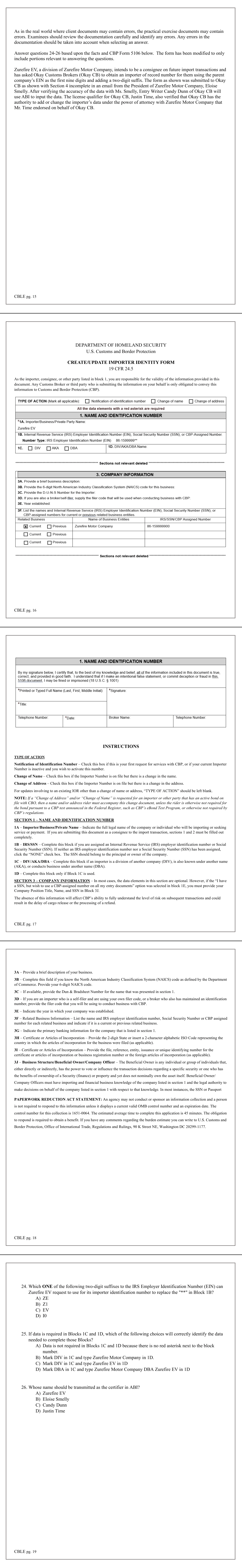 Practical Exercise exhibit: CBP Form 5106 (Create/Update Importer Identity Form), modified, with instructions; Shared exhibit for Q24-26 on PDF pp.16-19; exported pages: PDF pp.16-20