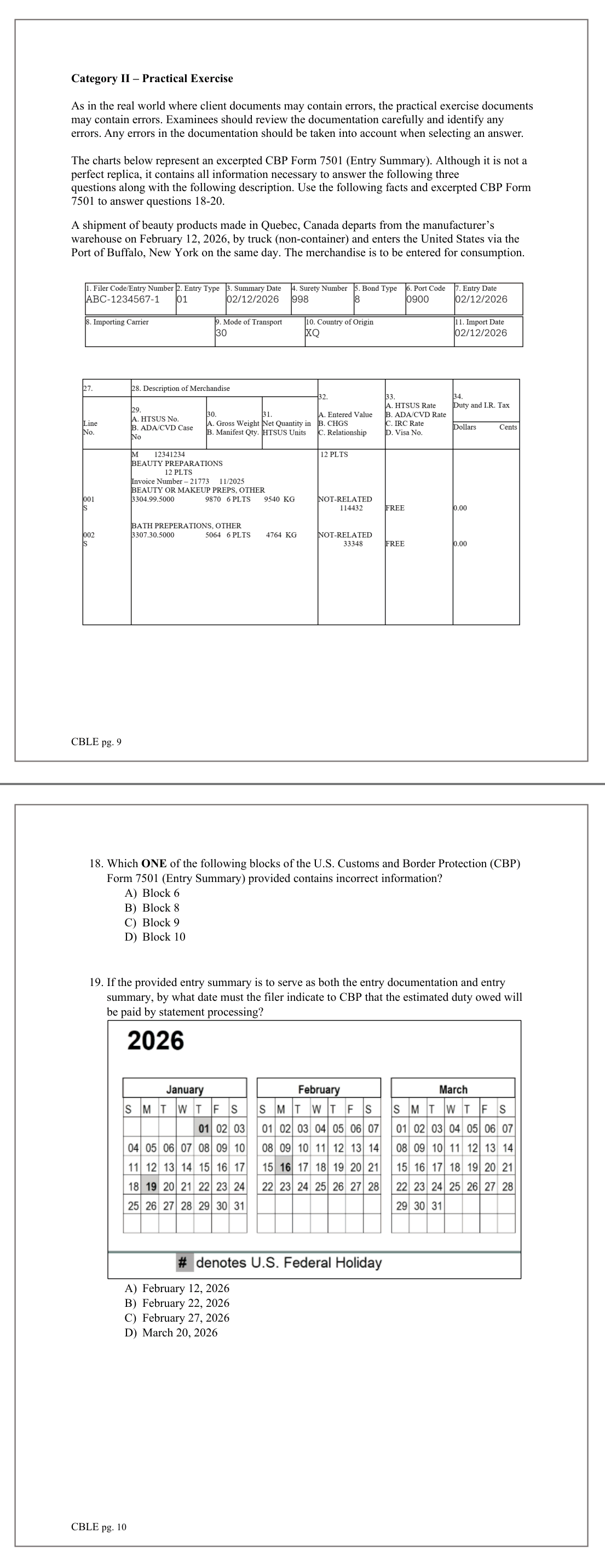 Practical Exercise exhibit: excerpted CBP Form 7501 Entry Summary (header blocks and line items); Shared exhibit for Q18-20 on PDF p.10; exported pages: PDF pp.10-11