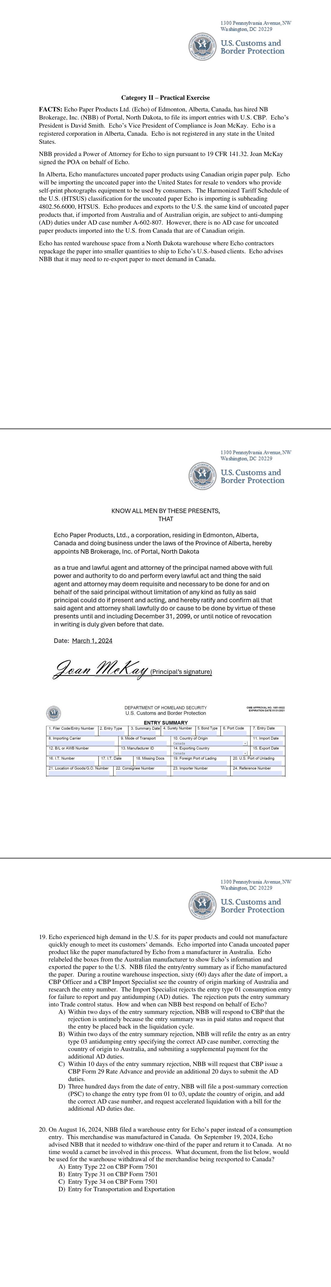 Practical Exercise exhibits: signed power of attorney (Echo Paper Products Ltd. to NB Brokerage, Inc.) and a blank excerpt of CBP Form 7501 Entry Summary; Shared exhibit for Q16-20 on PDF pp.9-10; exported pages: PDF pp.9,10,12