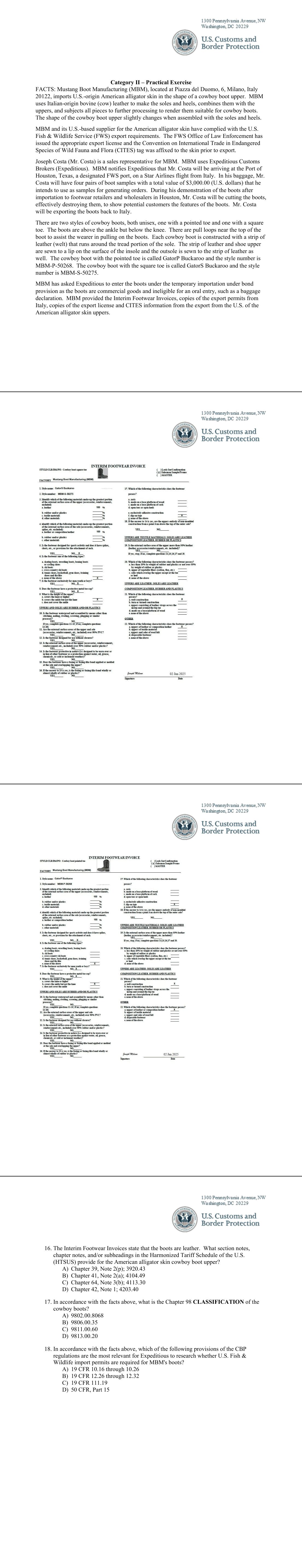 Practical Exercise exhibits: two Interim Footwear Invoices (Mustang Boot Manufacturing, styles MBM-P-50268 and MBM-S-50275); Shared exhibit for Q16-20 on PDF pp.8-10; exported pages: PDF pp.8-11