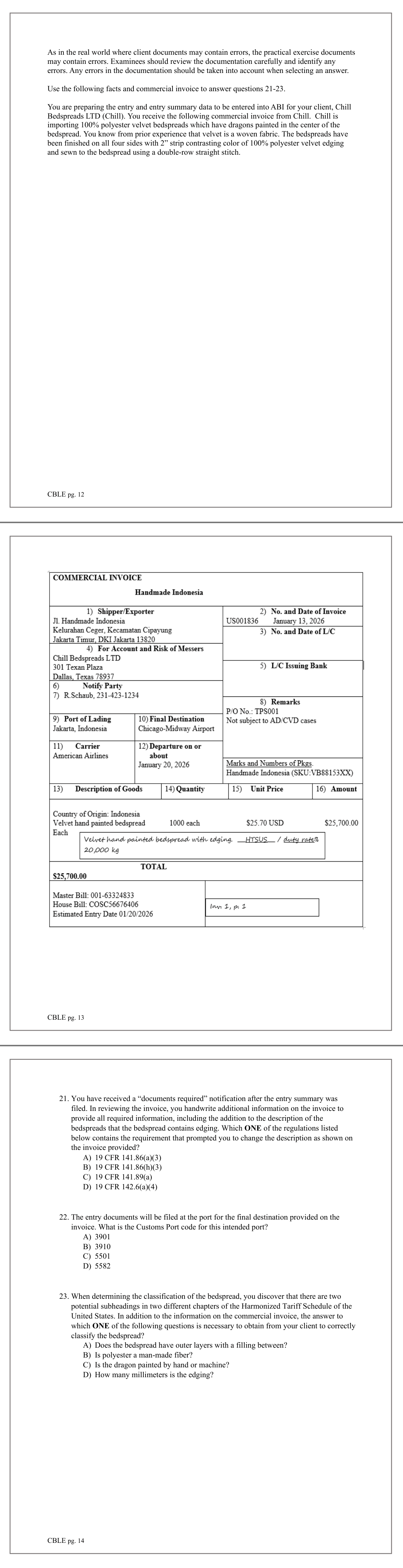 Practical Exercise exhibit: commercial invoice from Handmade Indonesia to Chill Bedspreads LTD; Shared exhibit for Q21-23 on PDF pp.13-14; exported pages: PDF pp.13-15